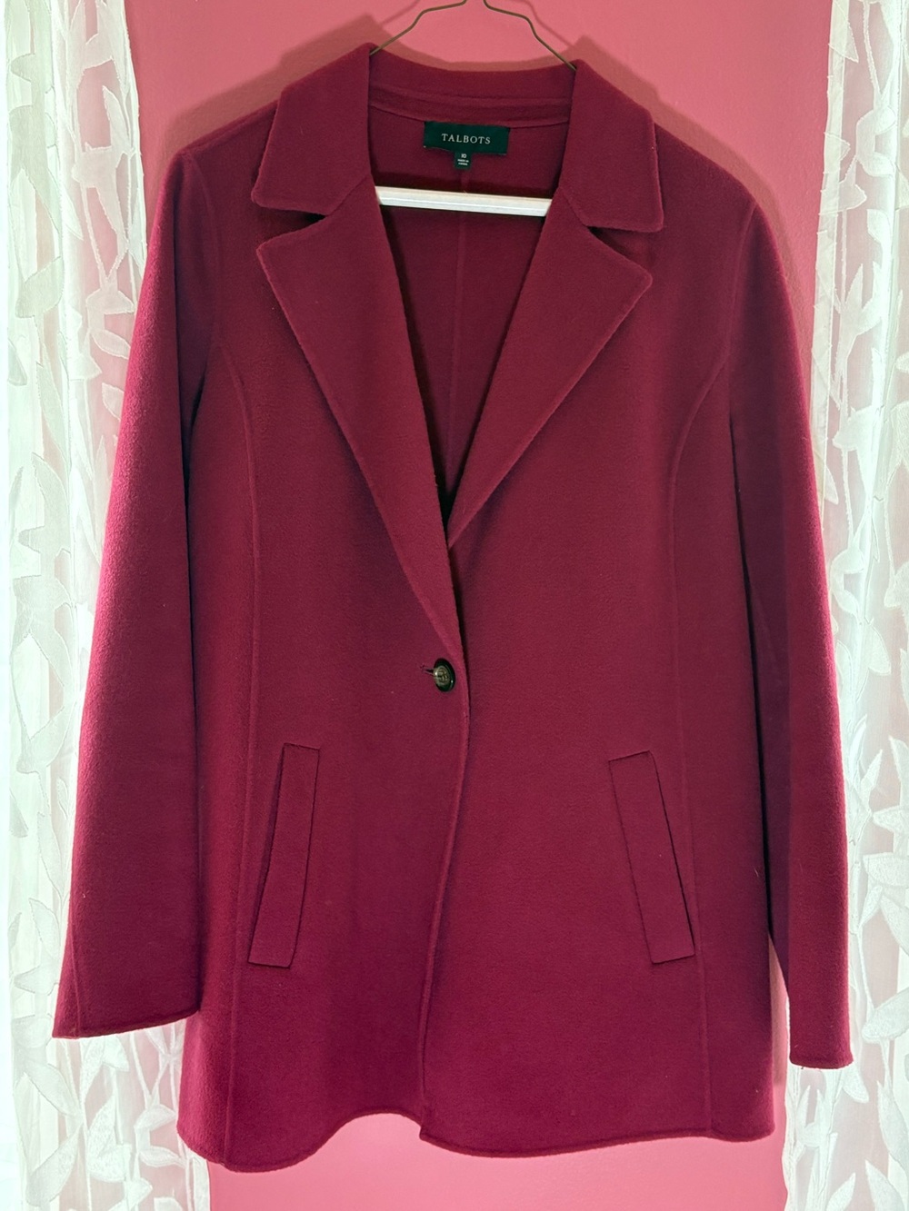 Talbots Women's Single-Button Wool Jacket Topper Blazer in Deep Pink-Purple